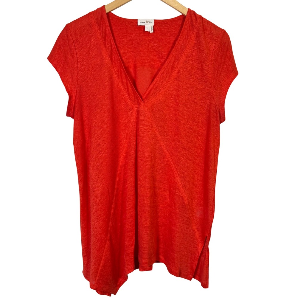 Meadow Rue Top Large Orange 100% Linen V Neck Cap Sleeve Shirt Asymmetrical Hem